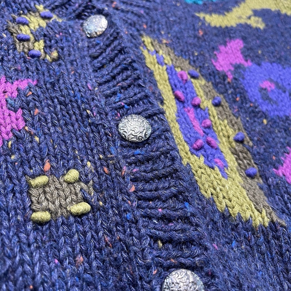 Gallagher Vintage Hand Knit Sweater Cardigan Navy Pink Turquoise Women's Large - Picture 14 of 14